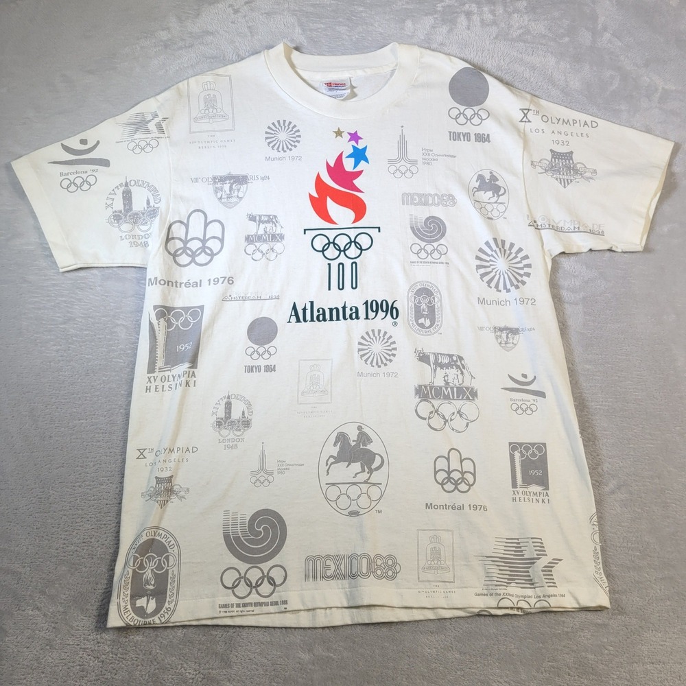 1996 Atlanta Olympics Hanes T-Shirt Mens L White All Over‎ Print Vintage Logos
